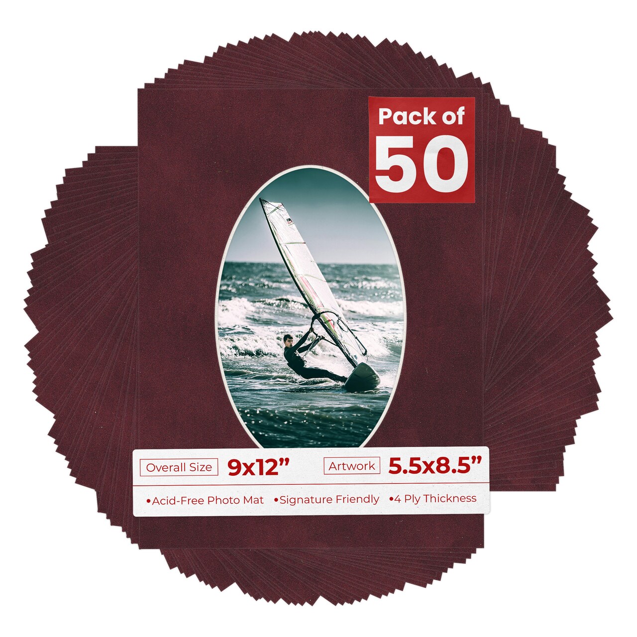 Dark Red Suede Mat Board for 9x12 Frames - Oval Opening for 5.5x8.5 Photos